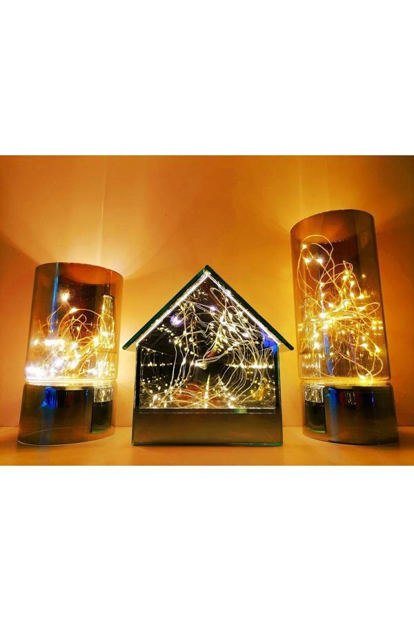 Işık Kasabası Sarmaşık Led Cam Ev Ve İki Boy Sarmaşık Led Silindir Cam Hediye Kutusu - Image 1