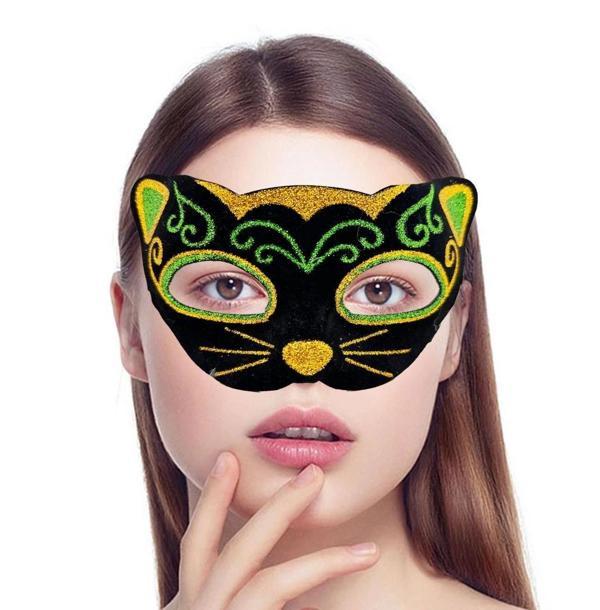 BFS   Siyah Kadife Kaplama Üzeri Sarı Yeşil Sim İşlemeli Kedi Maskesi 20x13 cm - Image 1