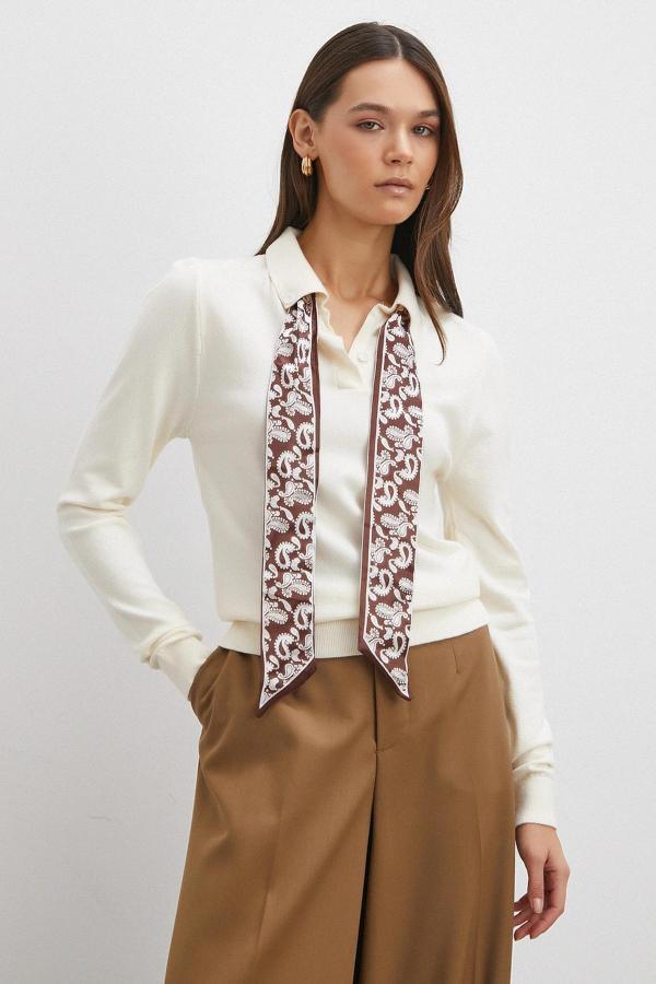 Fularlı Polo Yaka Kazak Ekru - Image 1