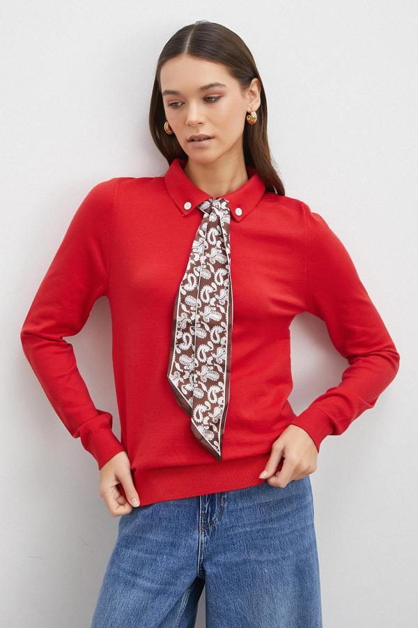 Fularlı Polo Yaka Kazak Kırmızı - Image 1