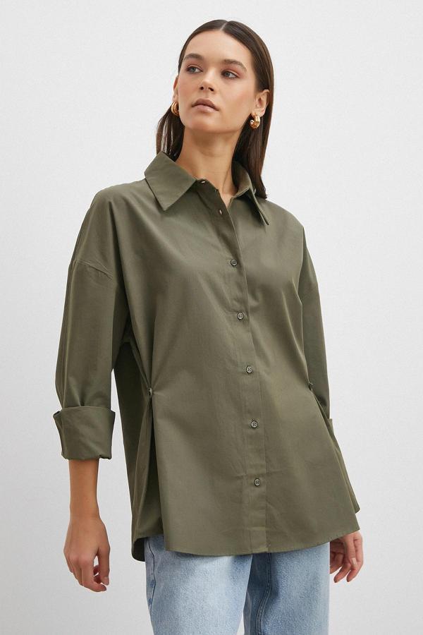 Düğme Detaylı Pamuklu Gömlek Haki - Image 1