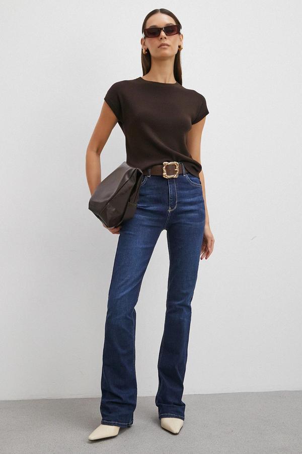 Yüksek Bel Likralı İspanyol Paça Jean Lacivert - Image 1