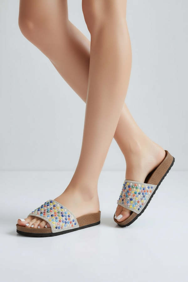 2232-Pien Anatomik Mantar Tabanlı Boncuklu Kadın Terlik - NKT02232-gümüş-40 - Image 1