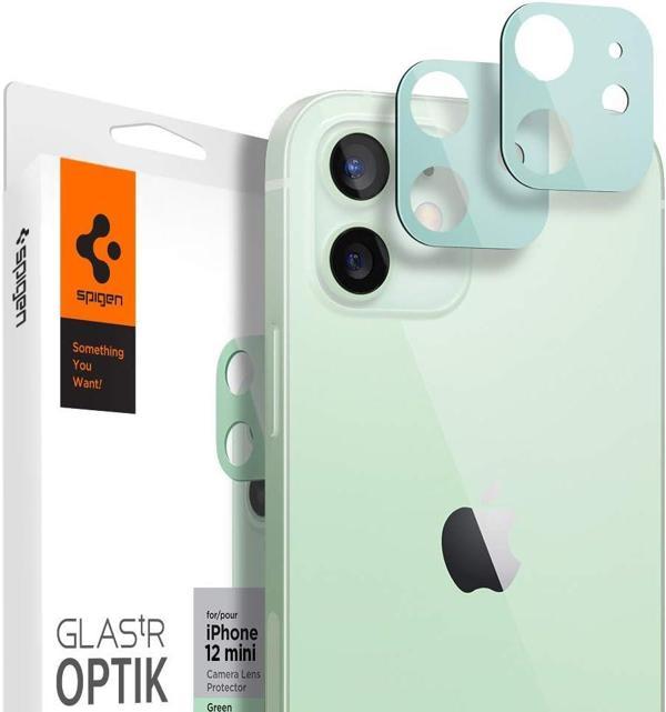 Spigen iPhone 12 Mini ile Uyumlu Kamera Lens Cam Ekran Koruyucu Glas.tR Optik (2 Adet) Green - Image 1