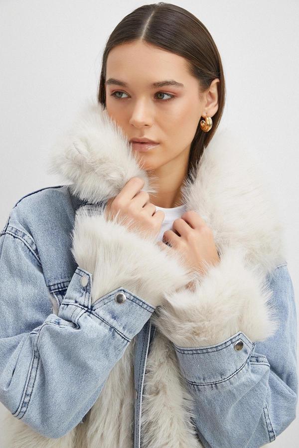 Kot Garnili Kürklü Mont Mavi - Image 1