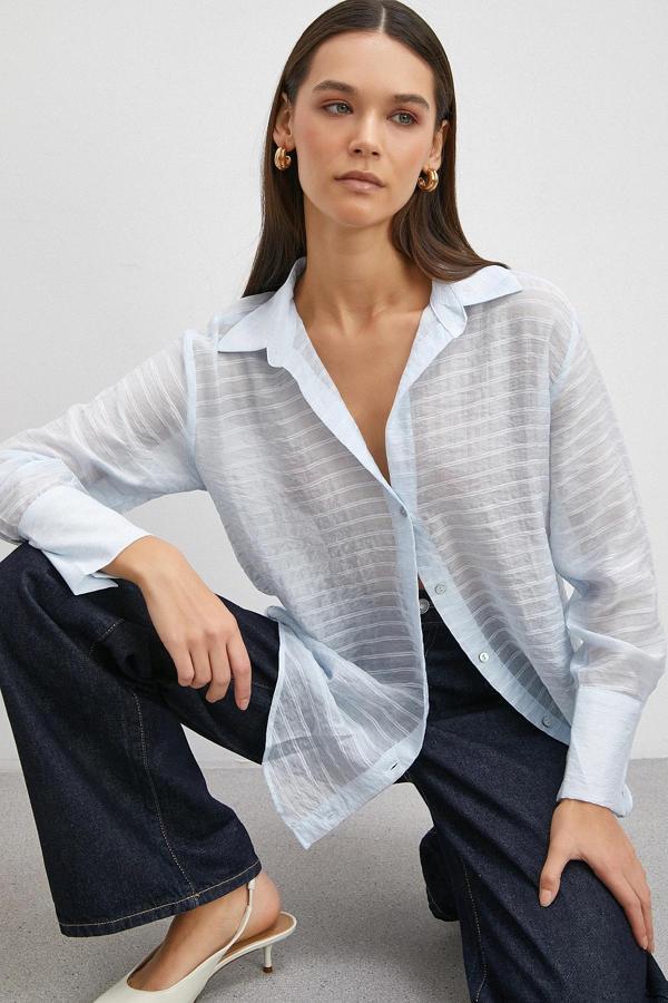 Kabartma Çizgili Gömlek Mavi - Image 1