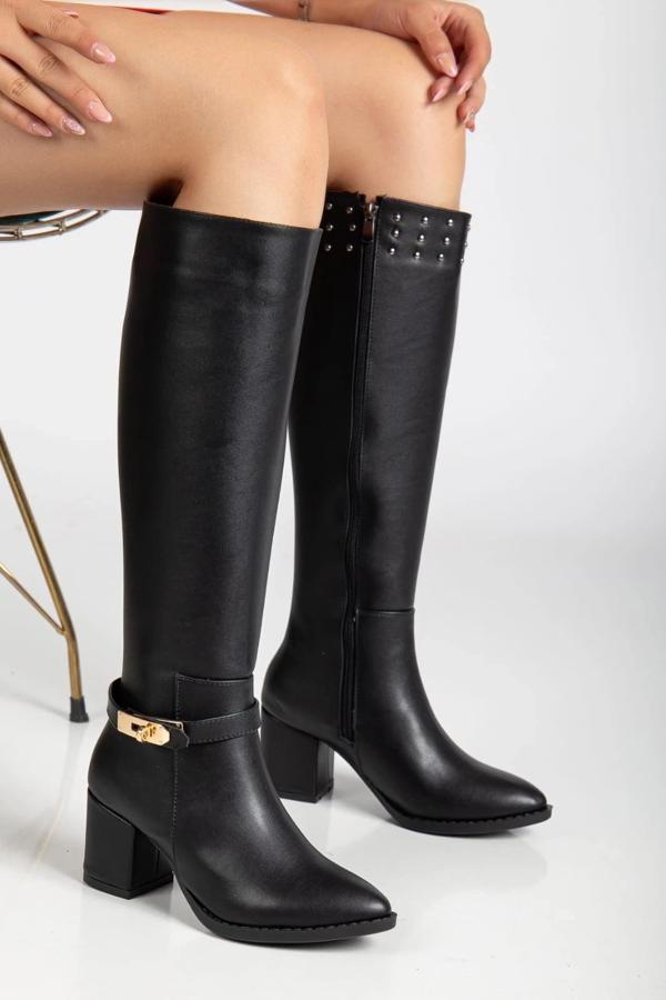 BİÇOMİ Jeoli Siyah Cilt Topuklu Çizme - Image 1