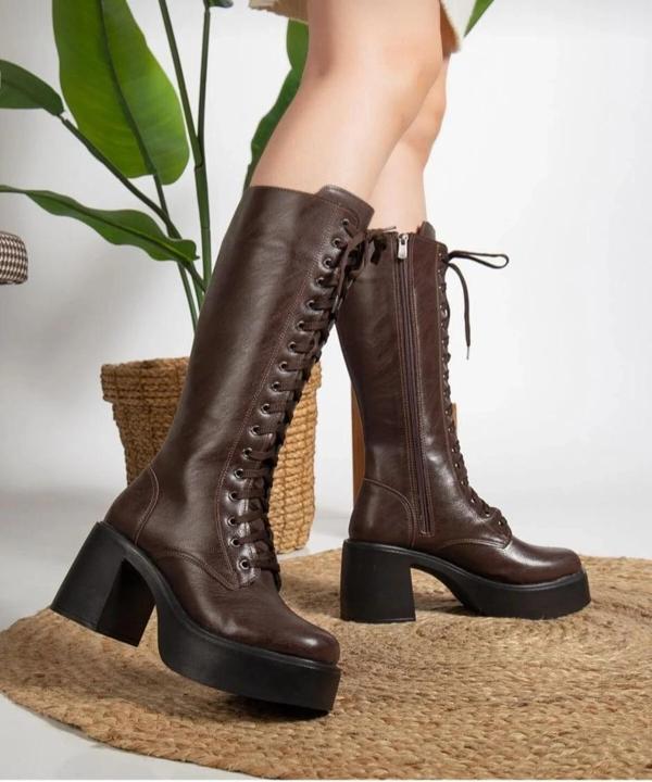 BİÇOMİ Guay Kahverengi Cilt Bağcıklı Topuklu Çizme - Image 1