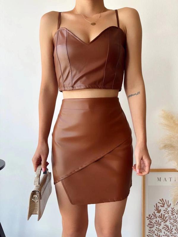 BİÇOMİ Kapaklı asimetrik model deri etek kahve s240106 - Image 1