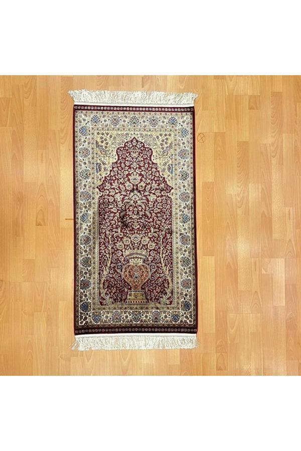 Mihrâb-ı Gülzâr Motifli 60x120 CM İpek Seccade Bordo  - Image 1