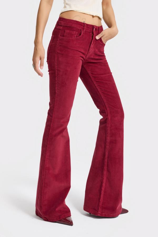 Kadın Bordo Renk 26w5-35 Flare Fit İnce Fitilli Velvet Kadife Kumaş Pantolon - Image 1