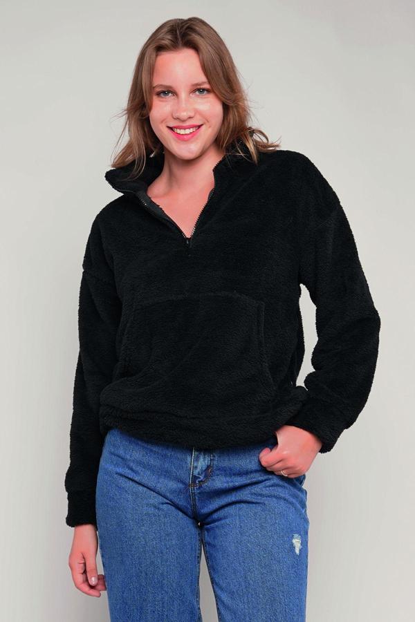 Gabria Kanguru Cepli Yarım Fermuarlı Peluş Sweat - Image 1