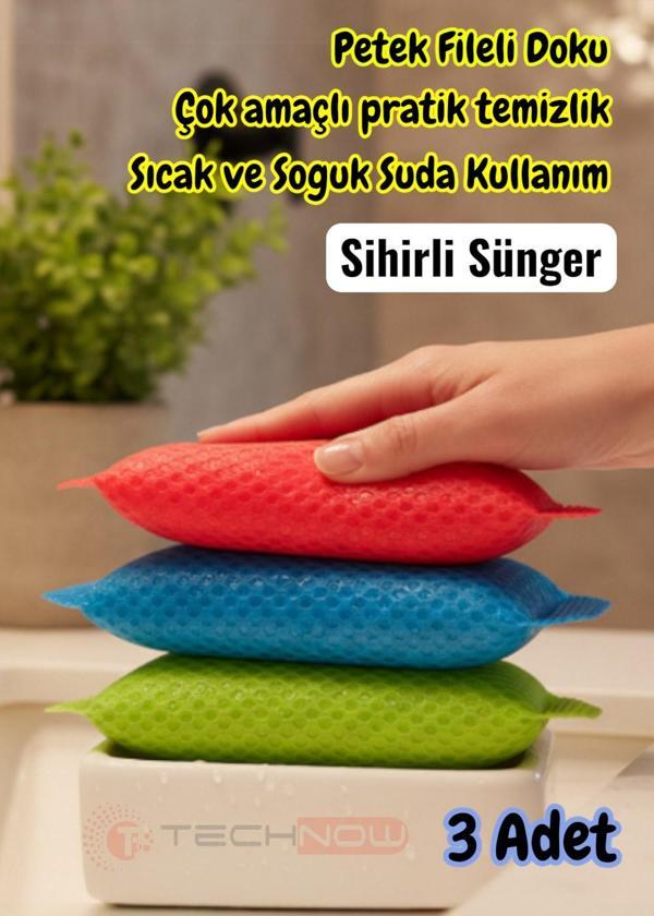 Technow Petek Dokulu Fileli Pratik Temizlik ve Bulaşık Süngeri Renkli  3 Adet - Image 1