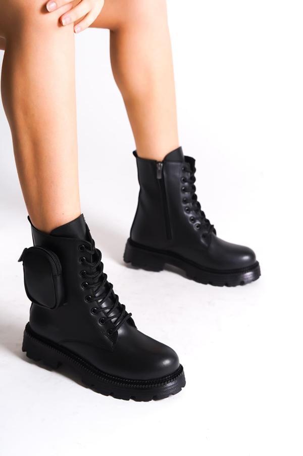 GINA Bağcıklı Fermuarlı Ortopedik Taban Çantalı Kadın Bot CST - Siyah - Image 1