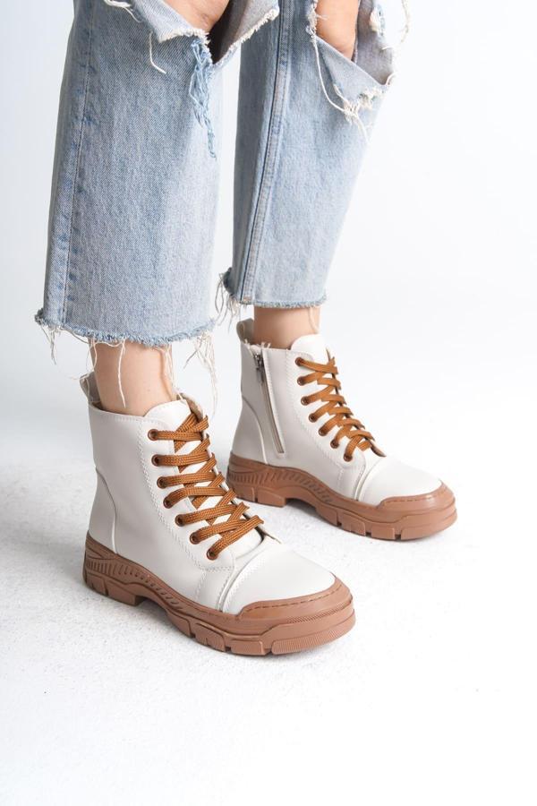 BLOOM Bağcıklı Fermuarlı Ortopedik Taban Kadın Bot  CTT - Krem - Image 1