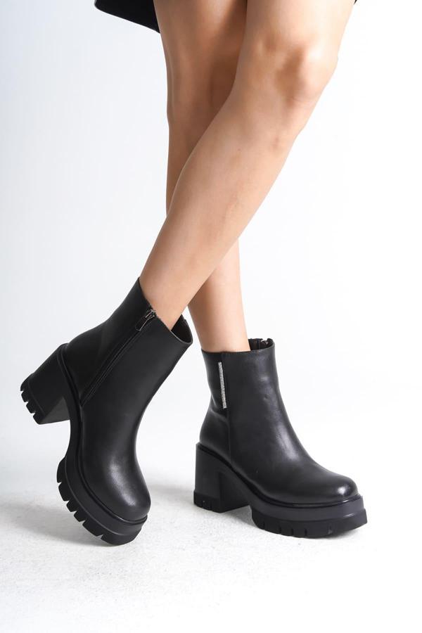 LISSE Fermuarlı Ortopedik Taban Kalın Topuklu Kadın Bot CST - Siyah - Image 1