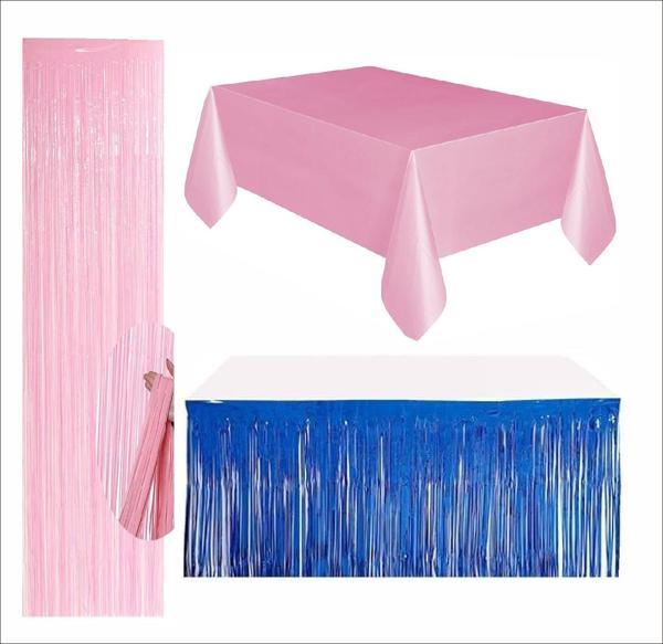 Pembe Masa Örtüsü, Lacivert Masa Eteği, Pembe Arka Fon - Image 1