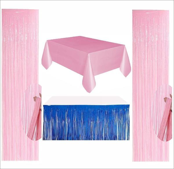 Pembe Masa Örtüsü, Lacivert Masa Eteği, 2 Adet Pembe Arka Fon - Image 1