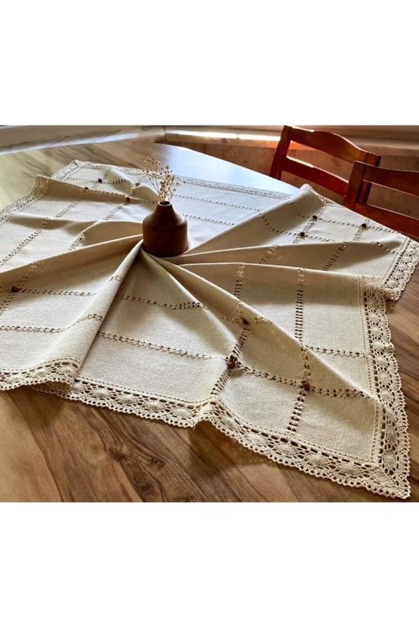 Denizli Hatırası Buldan Bezi Dantelli Kahve Boncuklu Kopanakhi Güpürlü 100X100 Fiskos Masa Örtüsü - Image 1