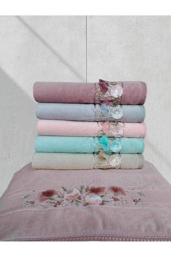 Fiesta Kadife Dual Bordür 3D Nakışlı Rennkli %100 Pamuk 6 Adet  30X50 Cm Mutfak Havlusu - Image 1