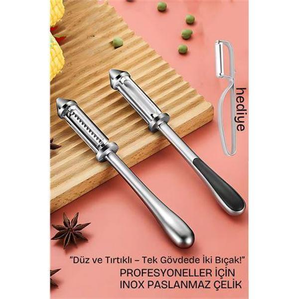 2 Bıçaklı Inox Paslanmaz Çelik Sebze Soyacak | Düz ve Tırtıklı Bıçak | Çok Amaçlı Kullanım - Image 1