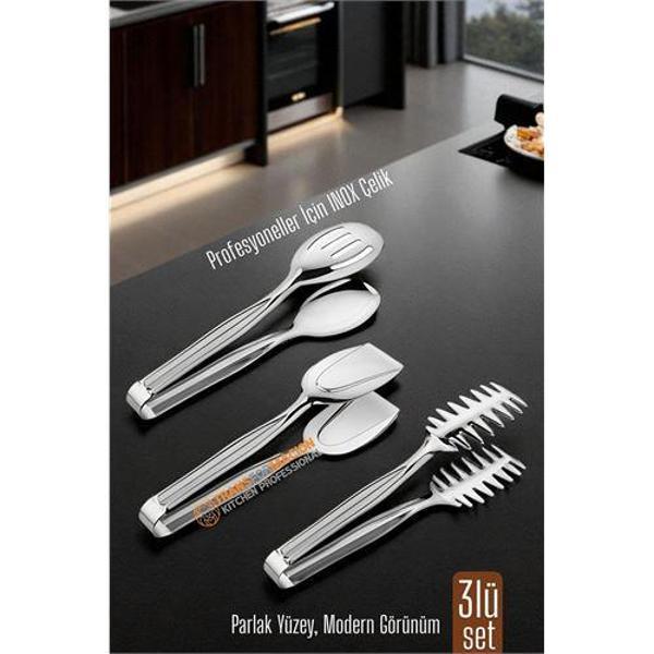 3’lü İnox Çelik Mutfak Maşa Seti - Makarna Pasta Salata Çok Amaçlı Maşa 3 lü SET - Image 1