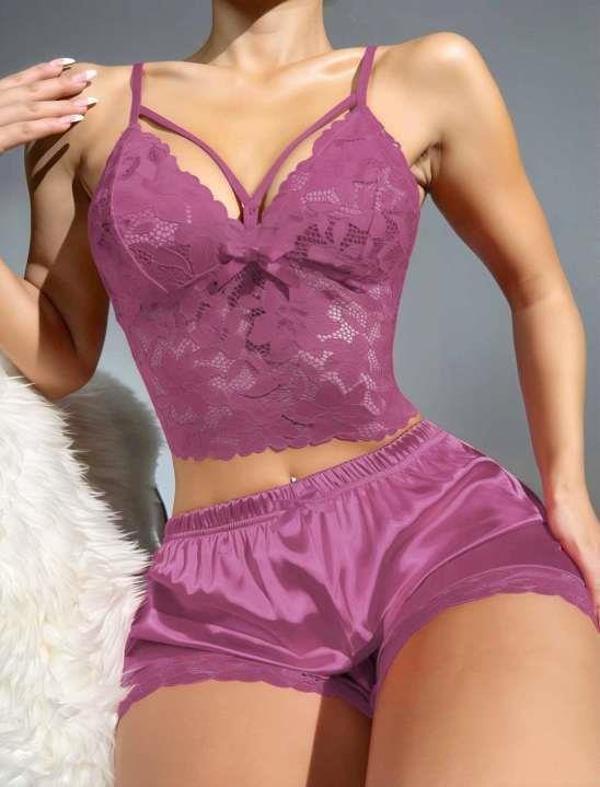 MDB MdbShop Dantelli Büstiyer İnce Askılı Lila Saten Şortlu Takım - Image 1