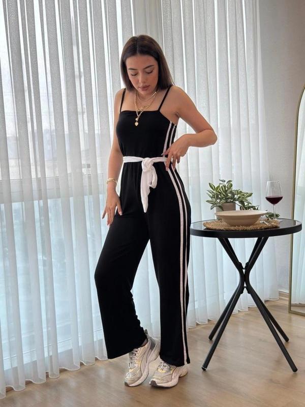 MDB Kadın Ip Askılı Straplez Belden Kuşaklı Viskon Iki Iplik Tulum - Image 1