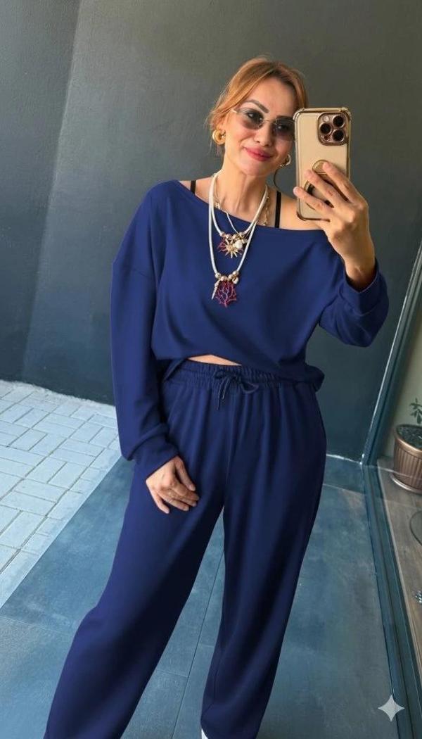 MDB Kadın Uzun Kollu Tek Omuzdan Açık Viskon Iki Iplik Bluz Ve Pantolon Ikili Takım - Image 1