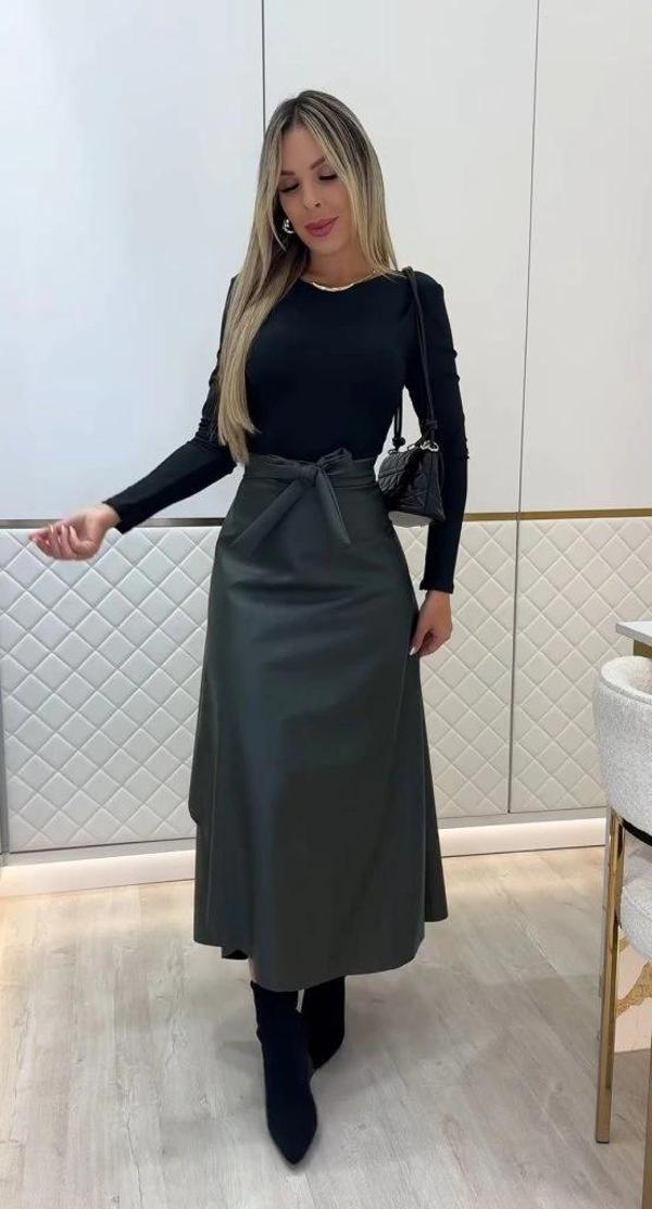 MDB Kadın Belden Kuşaklı Uzun Deri Etek - Image 1