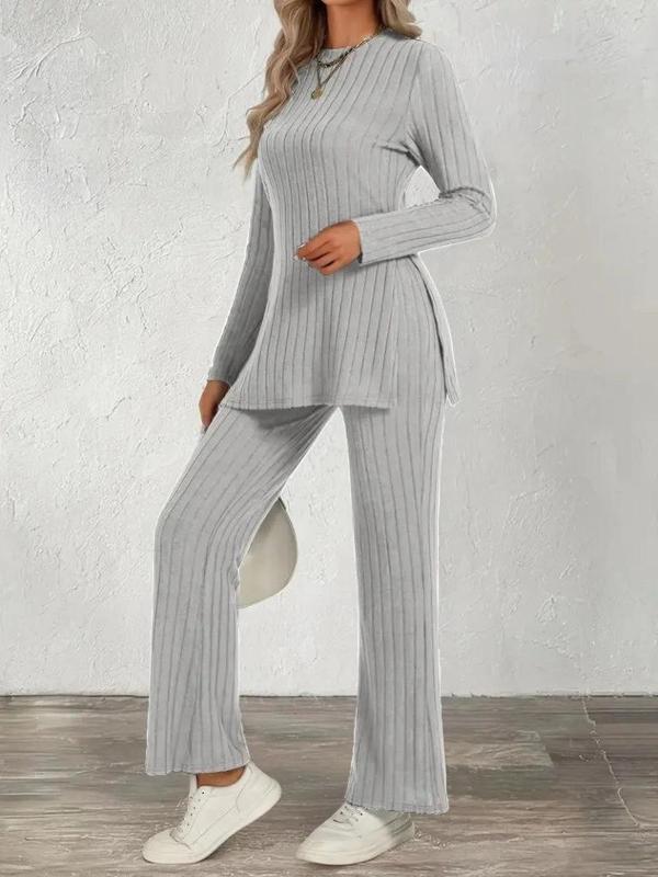 MDB Kadın Uzun Kollu Bisiklet Yaka Yandan Yırtmaçlı şardonlu Kaşkorse Bluz Ve Pantolon Ikili Takım - Image 1