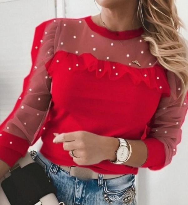 MDB Kadın Uzun Kollu Inci Detaylı Tüllü Viskon Bluz - Image 1