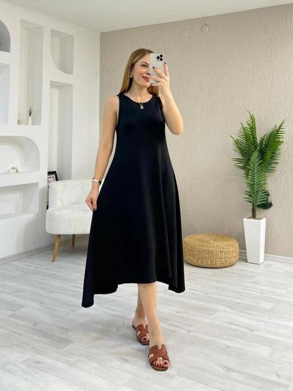 MDB Kadın Askılı Yuvarlak Yakalı Asimetrik Kesim Detaylı Viskon Elbise - Image 1