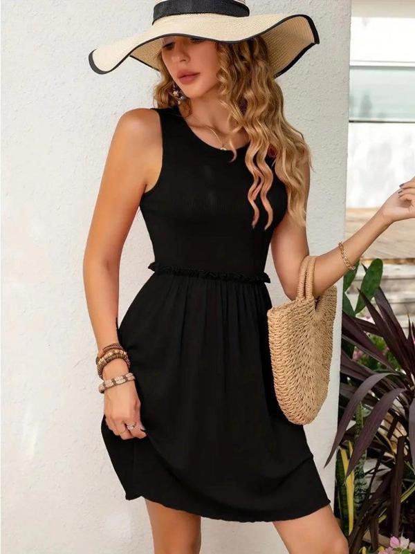 MDB Kadın Kolsuz Bel Lastik Ve Büzgü Detay Viskon Mini Elbise - Image 1