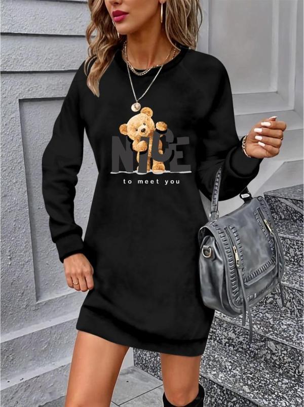 MDB Kadın Uzun Kollu Bisiklet Yaka Ayı Desenli Viskon Iki Iplik Elbise - Image 1