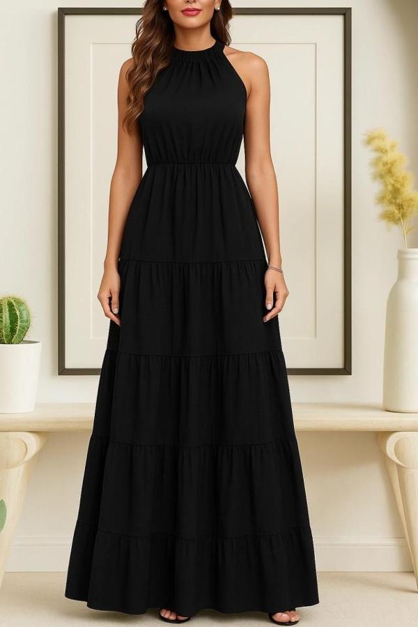 MDB Kadın Kolsuz Halter Yaka Beli Lastiklidesenli Mikro Elbise - Image 1