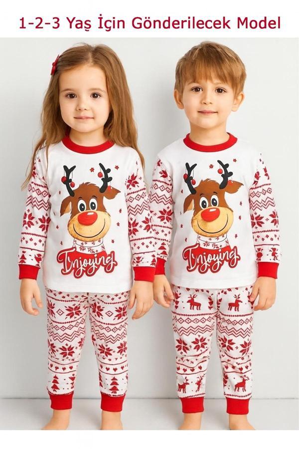 Bilge Trend Yılbaşı , Noel , Yeni Yıl Geyikli %100 Pamuk Çocuk Pijama Takım ( 1Adet Pijama Takımıdır) - Image 1