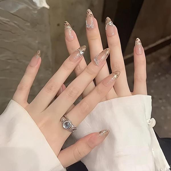 10'lu Ten Uzun Badem TT1132 Tekrar Kullanılabilir El Yapımı Protez Takma Tırnak Ten Rengi-S - Image 1