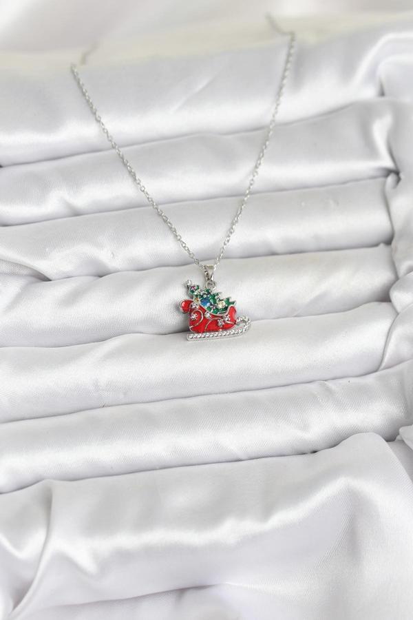 Zarif Boyunlar için Silver Çelik Zincir Kızak Çam Ağacı Yılbaşı Tema Kadın Kolye - Image 1