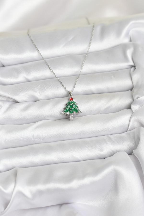 Zarif Boyunlar için Silver Çelik Zincir Çam Ağacı Yılbaşı Tema Kadın Kolye - Image 1