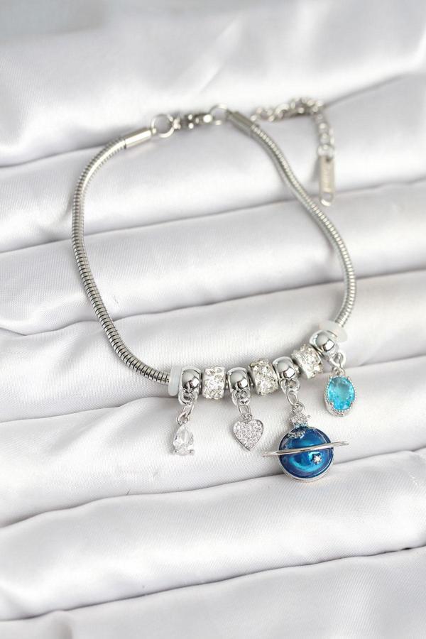 Zarif Bilekler için Silver Pirinç Dünya Charmlı Kadın Bileklik - Image 1