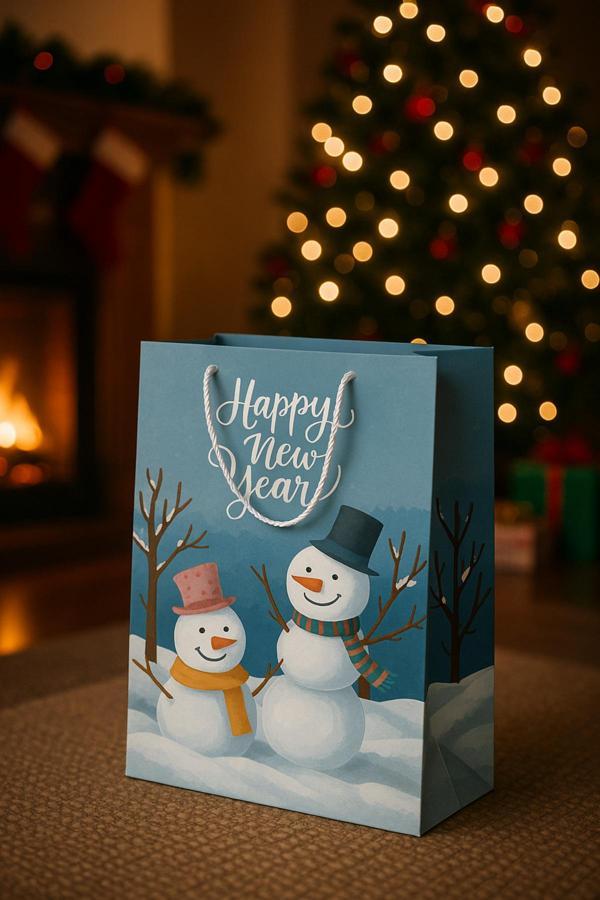 Alpjoy 25X30X9 Yılbaşı Desenli Karton Çanta Kardan Adam 10'Lu Paket - Image 1