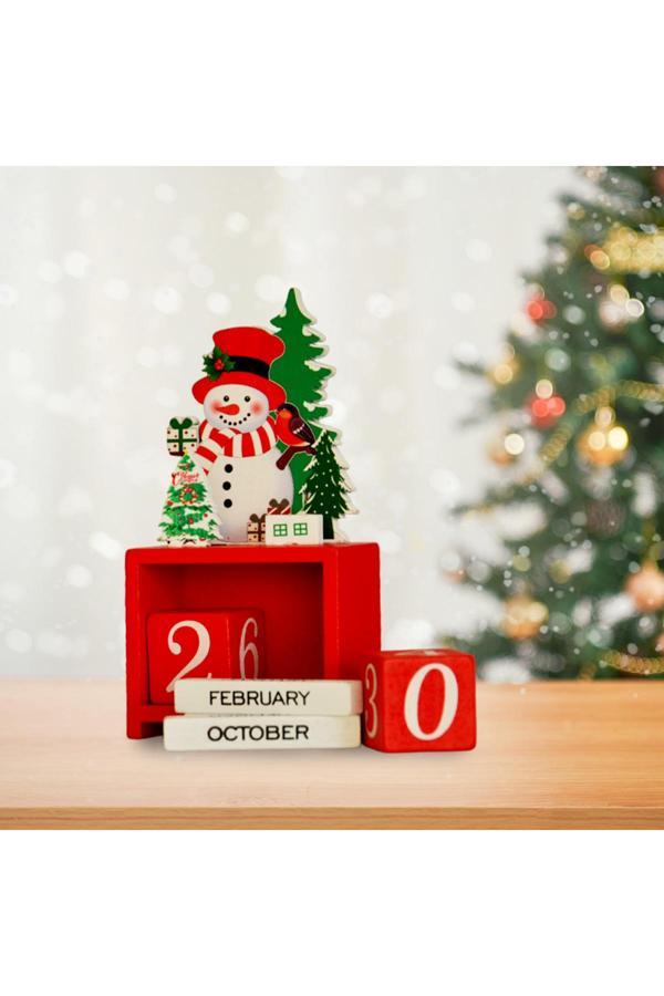 Kika Yılbaşı Dekoru Ahşap Kardan Adam Takvim Kırmızı - Image 1