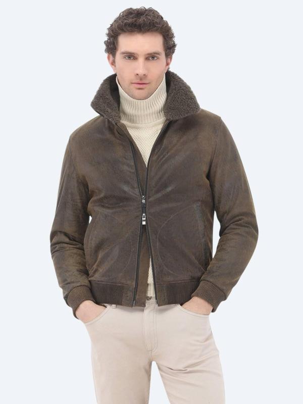 Vizon Regular Fit Bebe Yaka Smart Casual Koyun Derisi Deri Mont - Image 1