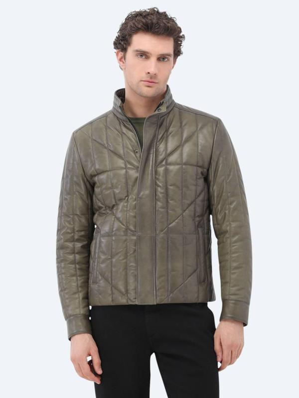 Zeytin Yeşili Regular Fit Dik Yaka Smart Casual Koyun Derisi Deri Mont - Image 1