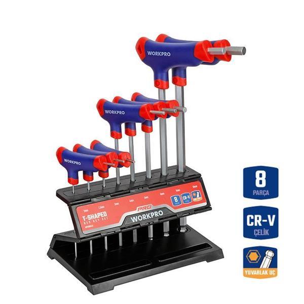 WORKPRO WP200542 8 Parça CR-V Top Başlı T Tipi Uzun Profesyonel Allen Anahtar Takımı - Image 1