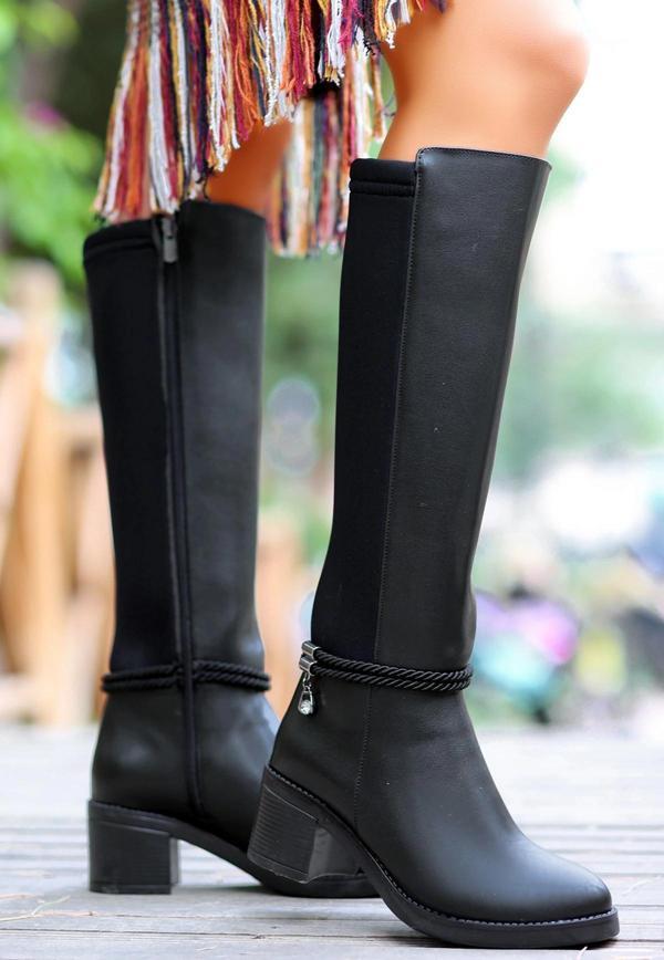 Olha Siyah Cilt Topuklu Çizme - Image 1