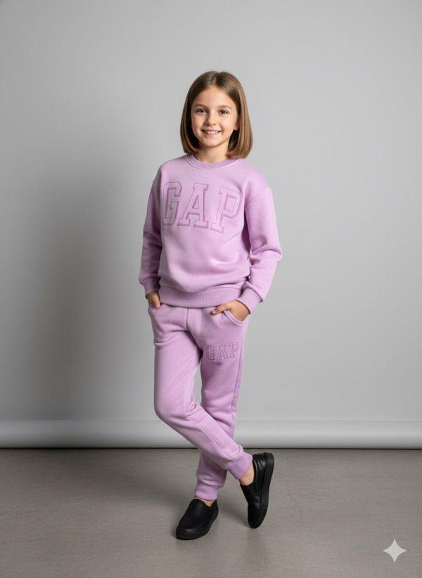 Lila Kız Çocuk Takımı – Bisiklet Yaka Sweatshirt & Jogger Alt - Image 1