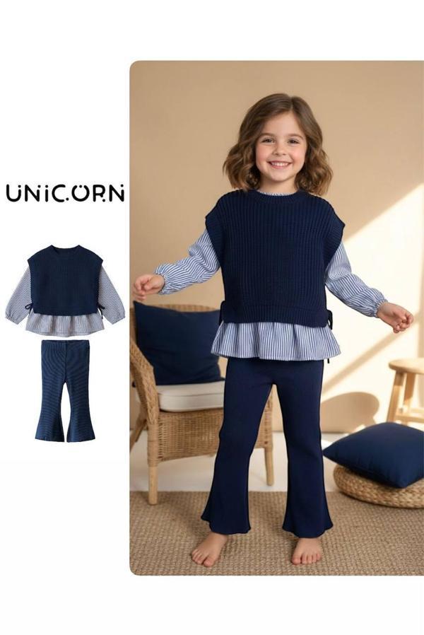 Lacivert Fırfır Detaylı Kombin Takım – Örme & Gömlek Kumaş Üst + Boru Paça Alt - Image 1