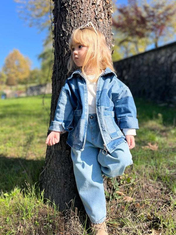 Patchwork Tasarımlı Çocuk Denim Ceket – Çift Cepli - Image 1
